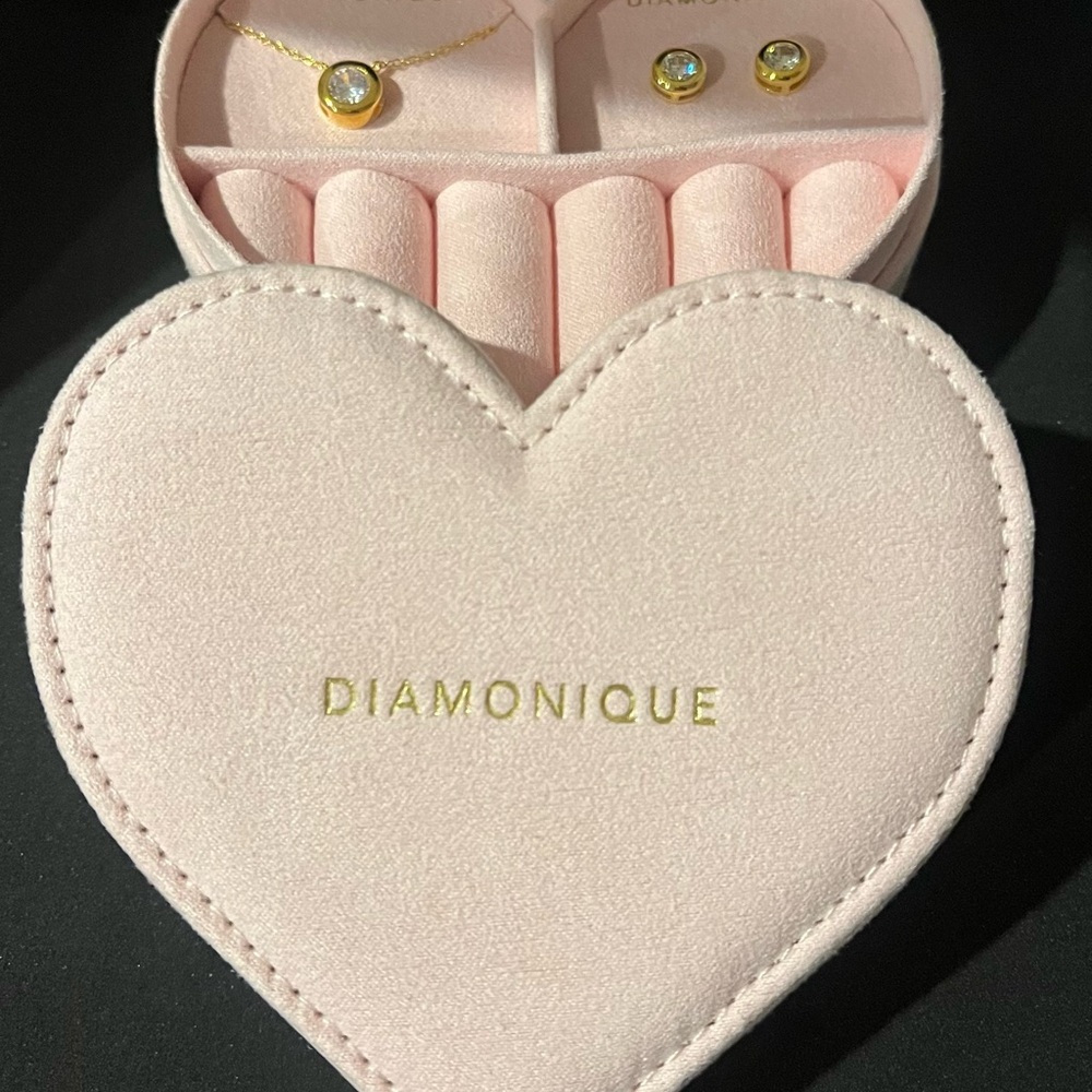 Diamonique Sterling Silver-14K Gold Over Bezel Necklace & Stud Earrings Set NIB
